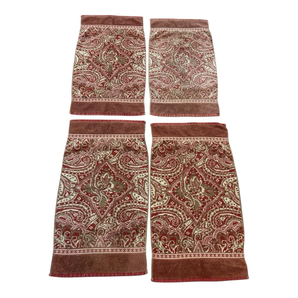 4 Lot Vintage Hand Towels Paisley Rust Burnt Orange Fall Neutral Colors Retro
